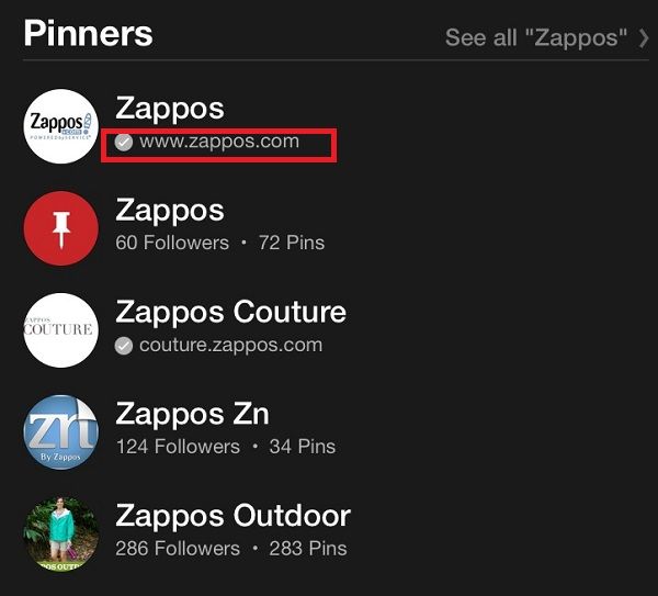iPad version of the verified search results for Pinterest accounts.