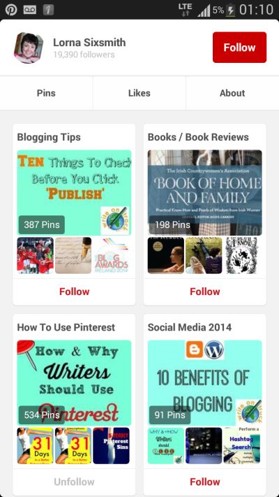Lorna Sixmith's Pinterest Page on the Pinterest Android App.