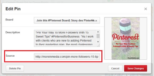 With any pin that you've pinned on Pinterest, you're able to change the source url.