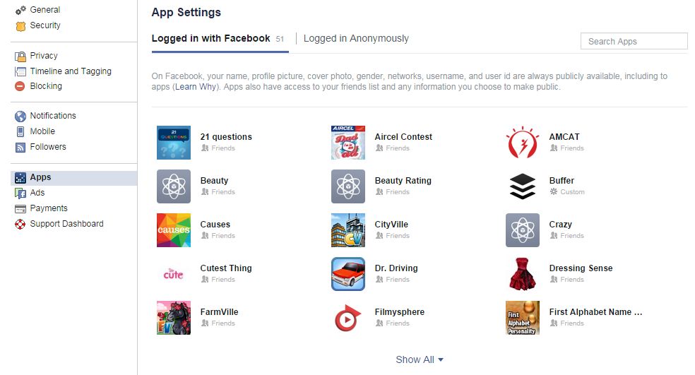 facebook app setting