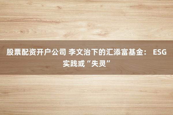 股票配资开户公司 李文治下的汇添富基金： ESG实践或“失灵”